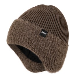 Wmcaps Winter Beanie for Men with Earflaps，Unisex Thick Warm Knit Hat with Ear Flaps，Fleece Lined Woolly Hats for Outdoor Activity-Brown