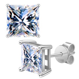 Hypoallergenic 925 Sterling Silver White Gold Plated Princess Cut CZ Stud Earrings for Women & Men – Lab-Grown Diamond Alternative for Daily & Formal Wear (Silver, 1ct-(0.5ct*2))