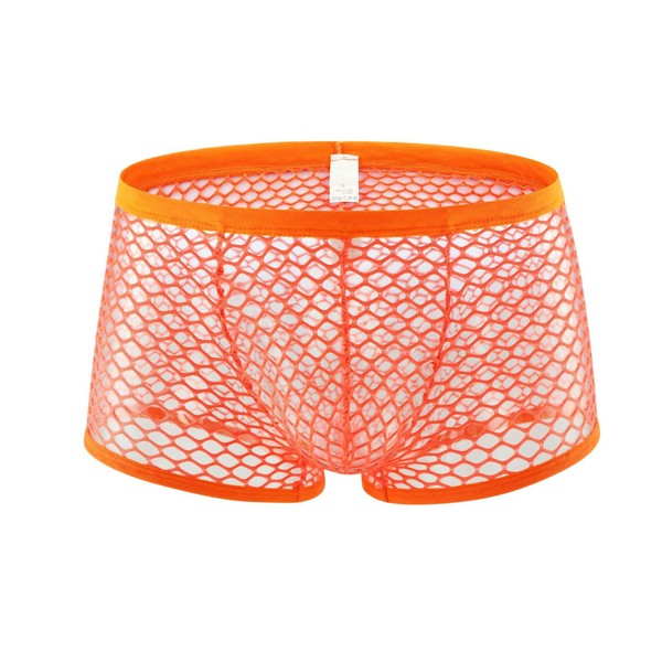 Générique Boxer en résille Transparent pour Hommes sous-vêtements Sexy Lingerie Short Butin Solide Grande Maille Sac Convexe en U (Orange,XXL)