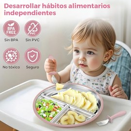 Platos para Niños Silicon, 2Pcs Platos de Acero Inoxidable para Bebe con Succióny 2 pares de tenedores y cucharas (Beige, rosa)                       