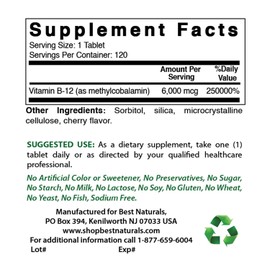 Best Naturals Best Naturals Vitamin B-12 as Methylcobalamin (Methyl B12), 6000 mcg 120 Sublingual Tablets (120 Count (Pack of 2))