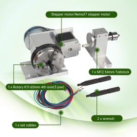 CNC Milling Machine Rotational Axis CNC Router Rotary Table Rotary a axis 4th Axis 65mm 3 Jaw Chuck Dividing Head w/ Nema17 stepper motor w/ 54mm Tailstock Reducing ratio 4:1 for CNC Engraving Machine