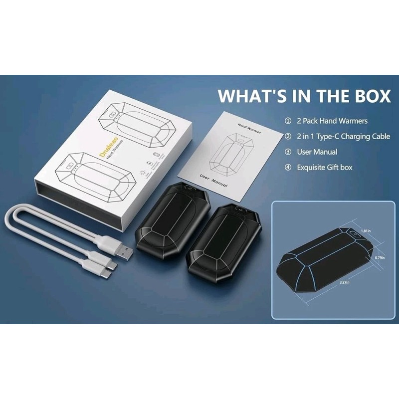 Dnaleao Black Hand Warmers USB Rechargeable - Use Separately or