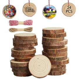 HOTUT 24 PCS 6-7CM Natural Wood Slices, Unfinished Log Slices Wooden Discs with 2 Ropes, No Hole Log Wooden Circles, Circle Wooden Discs for Arts, Christmas or Wedding Ornaments and DIY Crafts