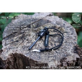 Swiss Safe 5-in-1 Magnesium Ferro Rod Fire Starter Survival Tool - Flint & Steel Striker, Compass, Paracord & Whistle - Emergency Kit for Backpacking, Camping, Hiking - All-Weather - Black, 1-Pack