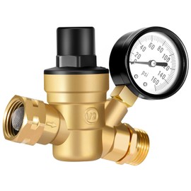 Telsitine RV Water Pressure Regulator, Brass Lead-Free Adjustable Water Pressure Reducing Valve with Clear Gauge, RV Water Regulator with Two Inlet Screen Filters for RV, Camper, Travel Trailer