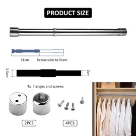 Adjustable Clothes Rail, No Drilling, Extendable Clothes Rail for Cupboard, Clothes Hanger Extendable Made of Stainless Steel, 31-51 cm Wardrobe Rail, Wardrobe Tube Extendable, Metal Rail Clothes