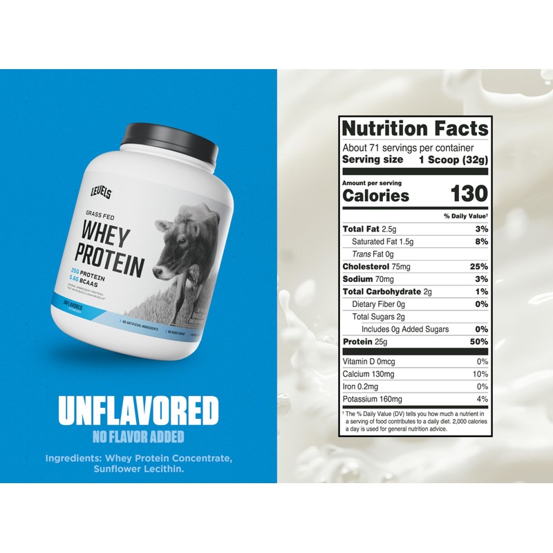 Levels Grass Fed Whey Protein Powder, No Artificials, 25G of