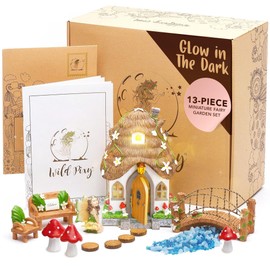 WILD PIXY Fairy Garden Kit - 13 Piece Glow in The Dark Accessories with 7.1" Outdoor Fairy House with Opening Door and Solar LED Light, Garden Door for Trees, Stones, Indoor/Outdoor Decor
