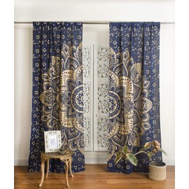 Bless International Beautiful Indian Bohemian Psychedelic Hippie Flower Ombre Window Curtain Panels for Bedroom, Living, Balcony (Blue Gold (25x74 Inches)(63.5x188 Cms))