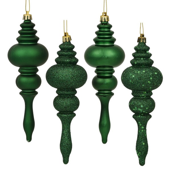 Vickerman 7" 4-Finish Finial Ornament, Shatterproof Plastic Christmas Tree Decoration, 8 Pack, Emerald Shiny, Matte, Glitter and Sequin Finishes