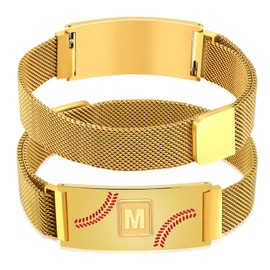 Fervia Baseball Initial Bracelet Gold Stainless Steel A-Z Letter Charm Bracelets Adjustable Wristbands Baseball Gifts Idea for Men Boys Players Team Lovers (M)
