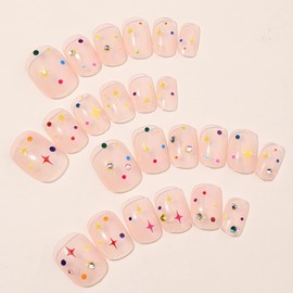 Star Press on Nails Square Short Fake Nails Colorful Rhinestone Star Glue on Nails Full Cover Acrylic Artificial Nails Short Square Stick on Nails - 24Pcs (Colorful Rhinestone Star)