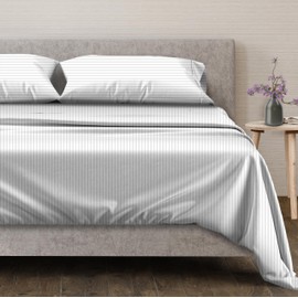 Mayfair Linen 100% Egyptian Cotton Queen Size Sheet Set - 4 PC 600 Thread Count Egyptian Cotton Sheets Set for Queen Size Bed, Cooling, Luxury Hotel 16" Deep Pocket Sateen Bedsheet, White Stripe