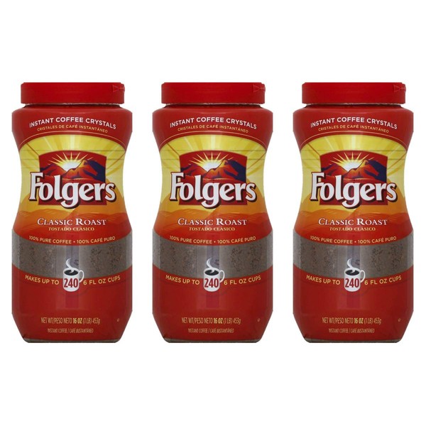 Folgers Classic Roast Instant Coffee Crystals - 16 Oz (Pack of 3)