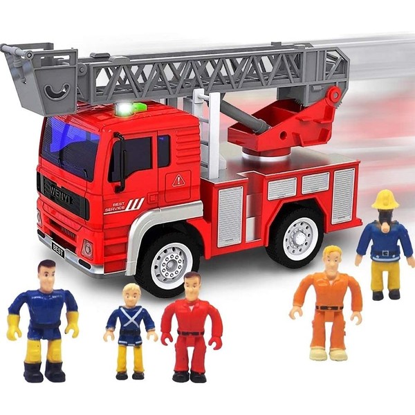 FUNERICA Toy Fire Truck with Lights and Sounds - Extendable Ladder -Powerful Friction Wheels - Mini Firetruck Toy for Toddlers and Young Kids- Bonus: 5 Fireman and Toy Figures