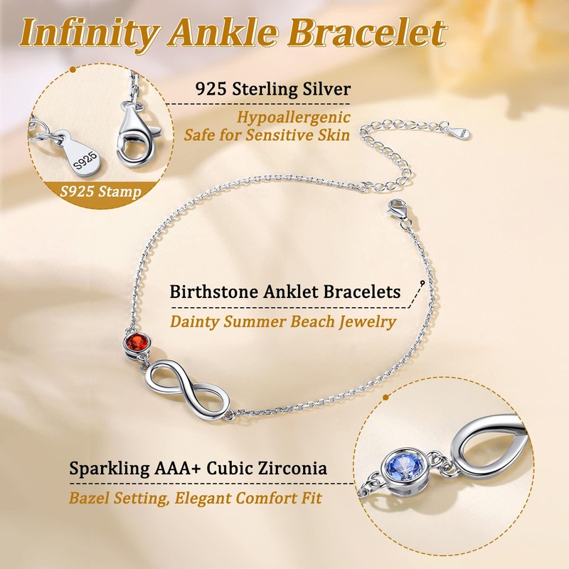 Suplight 925 Stelring Silver Infinity Anklet with Moonstone, Crystal Anklet