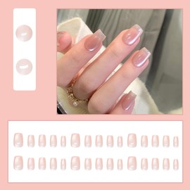 MouyouGlow Press on Nails Short, Square Nude Colours, Pink Plain Cat Eye Magnetic Fake Nails with Nail Glue, Baby Pink Phototherapy Artificial Fingernails for Women and Girls