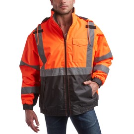 Bass Creek Outfitters Men's Safety Jacket - ANSI Class 3 Hi-Vis Waterproof Heavy Duty Workwear with Packable Hood (M-XXL), Size XX-Large, Orange Hi Vis