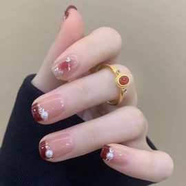 Nail Tip, Short, 24 Pieces, Nail Tip, False Nails, Black Edge, Red, Gradient, 3D Nail Seal, Pearl, Popular, Japanese, Cute, Simple, Fashionable Party, Autumn, Spring, Summer, Daily Life, Bridal Nail