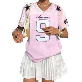 Oversized Pink Jersey for Women - V Neck Football Jerseys Shirt Team Number Y2k Streetwear Tee Tops