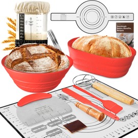 Sourdough Starter Kit with Jar – Complete Sourdough Bread Baking Supplies for Beginners, Includes 2 Silicone Proofing Baskets Baking Mat Sour Dough Kit - Red
