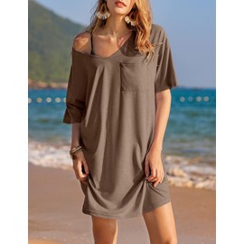 Ekouaer Womens Tshirt Nightgown Cotton V Neck Sleepshirts Comfy Casual Nightshirt for Women, Brown, Small