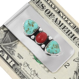 Navajo Turquoise Coral Silver Money Clip Three Gemstone Design on Silver Clamp 0200