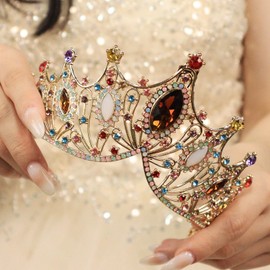 Rannyrena Rhinestone Crystal Tiara Crown for Women Silver Bridal Wedding Headband Elegant Princess Hair Accessories for Birthday Prom Quinceanera (Gold-multicolor, Standard)