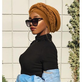 DRESHOW African Women's Turban Double Braid Headwear Headwear Chemo Cap Pre-Tied Beanie Hat Head Wrap Sleep Hat, 1 x double twisted braid hat: brown