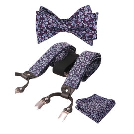 Alizeal Mens Floral Patterned Classic Colorful Self Tied Bow Tie, Hanky and Y Shape Adjustable 6 Clips Braces Set, Navy+Purple