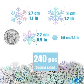 240pcs Large Iridescent Snowflake Confetti for Tables Laser Silver Snowflake Table Scatter for Winter Wonderland Decorations Crafts Snow Theme Birthday Party Baby Shower Christmas