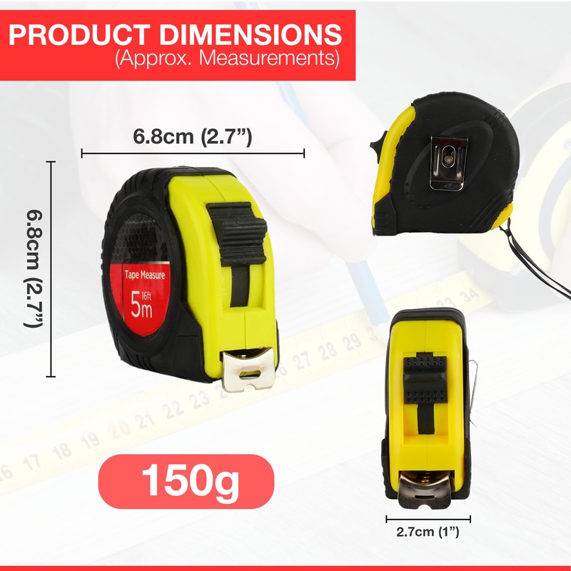 5 Metre Retractable Tape Measure with Dual Break Button Design,
