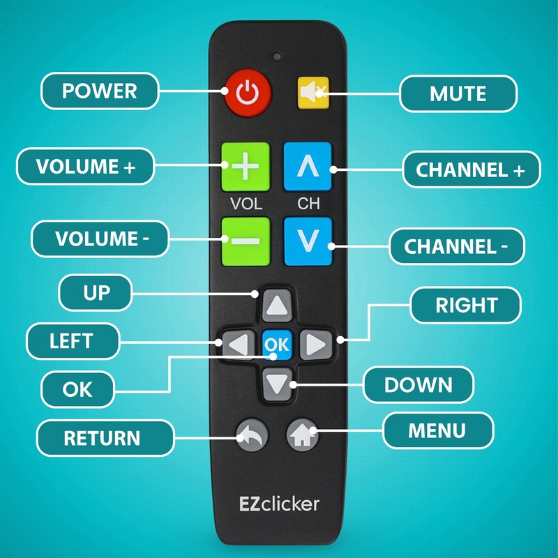 EZclicker Big Button Universal TV Remote (Black) Simple Easy to