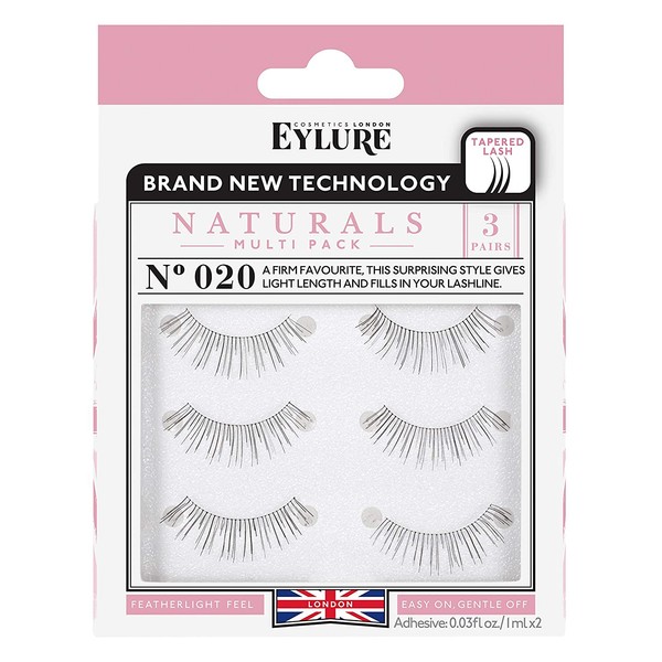 Eylure Naturals False Eyelashes Multipack, Style No. 020 Black , Reusable, Adhesive Included, 3 Pair