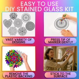 Stained Glass Kit for Kids and Adults - DIY Mandala Window Art Clings with Fluorescent Markers, 10 Unique Designs - Mandala Art Kit with Advanced Adhesive, Great for Any Flat Surfaces