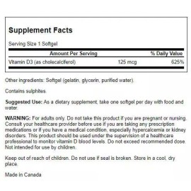 Cápsulas blandas de vitamina D-3 de alta potencia Swanson, 5.000 UI, 250 unidades