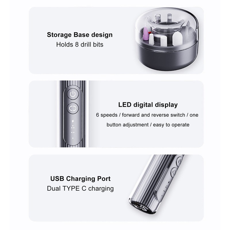 M8 Electric Nail Drill Pen 6 Speed Adjustable Direction LED