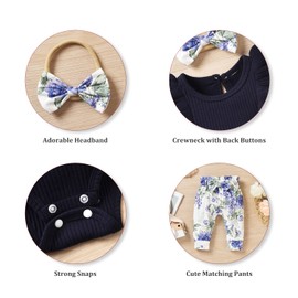 fioukiay 3 Months Baby Clothes Little Girls 3Pcs Ruffle Solid Knitted Bodysuit Floral Bowknot Pants Summer Outfits (Navy Blue Floral, 0-3 Months)