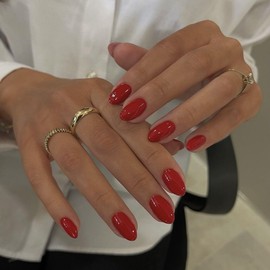 Chili Red Press on Nails Short Almond Oval Glossy Fake Nails 24Pcs, Solid Color Nails press ons 12 Sizes, Reusable Nail Kit, Stick on Nails for Women and Girls Daily Wear