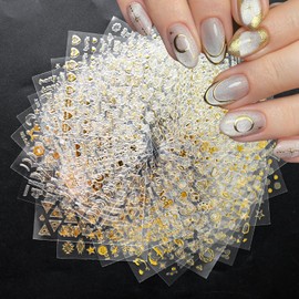 Lifextol 30 Sheets Gold Nail Stickers Charms for Fake Nail Design, Star Stickers Decals for Nail Decor, White Flower Nails Art Sticker for Press Nails Art Supplies, Heart Self-Adhesive Gel Sticker
