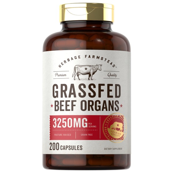 Grassfed Beef Organs Capsules 3250mg | 200 Count | Desiccated Liver, Kidney, Pancreas, Heart, Spleen Supplement | Non-GMO, Gluten Free | by Herbage Farmstead