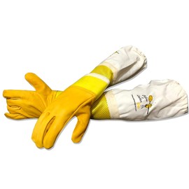 Clothes and Leather Beekeeping Ventilated Gloves for Adults Semi Ventilated Gloves with Cowhide Leather Yellow mesh and Fabric Cuff (Simple Cowhide Gloves, Small)