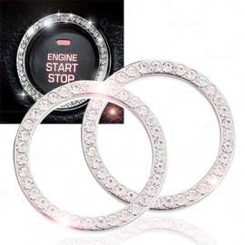 ZONETECH Chrystal Bling Ring Emblem Sticker Rhinestone Start Engine- Ignition Button Car Key Knob-Interior Bling Push Button Auto- Decorative Decal Unique Silver Sparkly- Vehicle Rings Woman 2 Pack