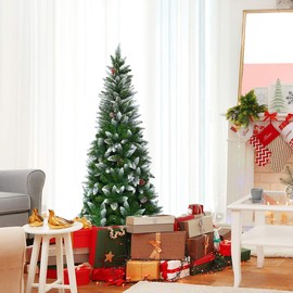 HAPPYGRILL 5FT Snow Flocked Pencil Christmas Tree with 421 PVC Tips, 21 Pine Cone Decorations, Foldable Metal Stand, Hinged Artificial Slim Christmas Tree Skinny Holiday Xmas Tree
