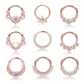 Drperfect 9PCS 16G Septum Rings Opal Daith Earrings Hoop Nose Rings 316L Stainless Steel CZ Cartilage Helix Tragus Earrings Septum Clicker Piercing Jewerly Rose Gold Tone 10MM
