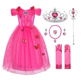 JerrisApparel Cinderella Dress, Princess Dress, Costume Dress With Butterfly Motif For Girls, 130, Pink with Accessories