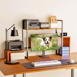 Wood Desk Shelf, 2 Tier Desktop Shelf with 16 Colors RGB Light Strip, 48.8" Desk Organizer Shelf for Max 28" Computer Monitor, Desk Hutch Bookshelf for Home Office Dorm, Rustic Brown