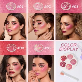 Prreal 5 Colors Baked Blush, Healthy Glow Blush Palette, Long-lasting Matte blush, Highly Pigmented, Buildable Powder Blush for Cheeks, Natural Shimmer Makeup Blush with Brush (Color B)