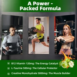 Creatine Monohydrate Gummies 5g,Sugar Free Pre Workout Gummies for Women&Men,Creatine Supplement Chews for Muscle Strength,Muscle Builder,Energy Boost,Green Apple